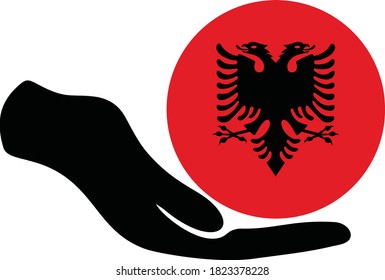 vector illustration of Circle Flag of Albania on hand on white background
