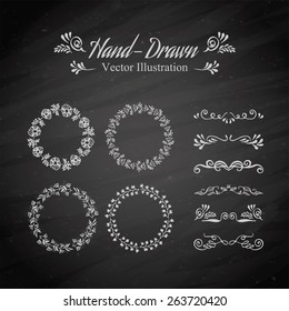 Vector illustration. Circle floral borders. Sketch frames on blackboard