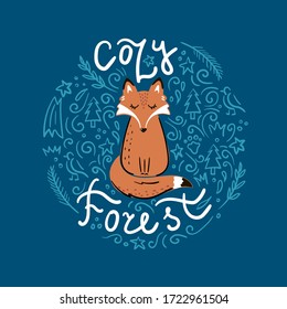 The vector illustration of the circle with fox and  lettering - Cozy forest 