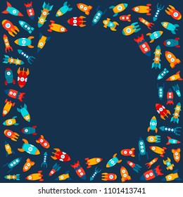 Vector illustration: circle frame with flat icons of different bright rocket ships fly isolated on dark blue background. Project start up and development process. Innovation product and management.