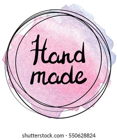 Vector illustration of a circle frame with simple text "Hand made"