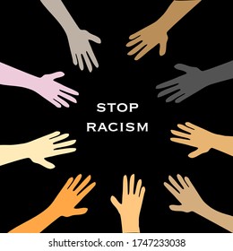 Vector illustration of a circle of hands of different colours with text stop racism in the middle isolated on black background concept against racism 