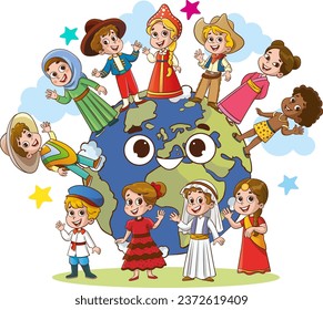 vector illustration of Circle Of Happy Children Different Races.multicultural kids and world.