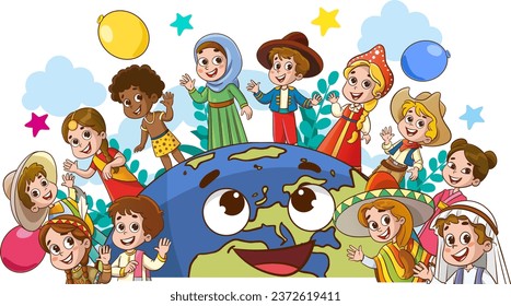 vector illustration of Circle Of Happy Children Different Races.multicultural kids and world.