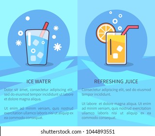 Vector illustration of circle icons depicting ice water and refreshing juice against light blue background. Set of posters with inscriptions.