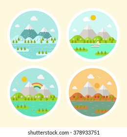 Vector Illustration of a Circle Landscape Icons. Four Different Seasons-Spring, Summer, Autumn and Winter. Flat Design Style. 