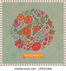  Vector illustration of circle made of flowers and birds. Round shape made of butterflies, leaves and different flowers. Vintage background. Bright summer outlines made from flowers with grunge paper.