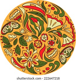 Vector illustration of circle made of flowers. Round shape made of butterflies, leaves and different flowers.