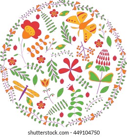 Vector illustration of circle made of flowers and butterflies. Round shape made of butterflies, leaves and flowers. No background