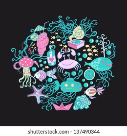 Vector illustration of circle made of sea life elements. Bright summer outlines made from sea things - fish, crab, octopus, submarine, sea weed. Maritime template.