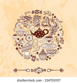Vector illustration of circle made of sweets. Round shape made of candy, sweets, tea lettering and tea things. Vintage background. Bright summer outlines made from tea things. Let's tea!