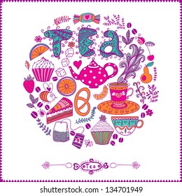 Vector illustration of circle made of sweets. Round shape made of candy, sweets, tea lettering and tea things. Vintage background. Bright summer outlines made from tea things. Let's tea!