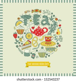 Vector illustration of circle made of sweets. Round shape made of candy, sweets, tea lettering and tea things. Vintage background. Bright summer outlines made from tea things. Let's tea!