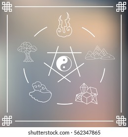 vector illustration of circle of  main natural elements in round shape design in asian art style with ying yang symbol in the middle