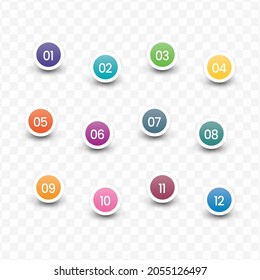 Vector illustration of circle number bullet points from one to twelve with a transparent background 