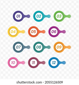 Vector illustration of circle number bullet points from one to twelve with a transparent background 