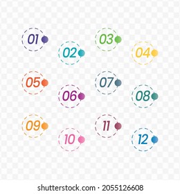 Vector illustration of circle number bullet points from one to twelve with a transparent background (PNG).