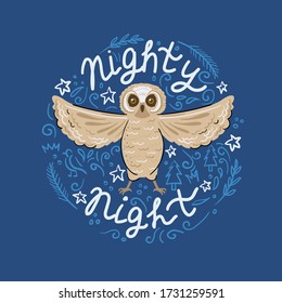 The vector illustration of the circle with owl and  lettering Nighty Night