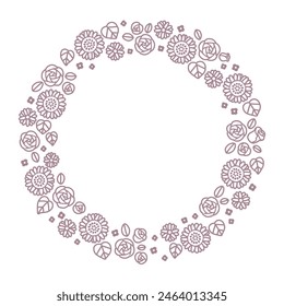 Vector illustration circle of roses and sunflowers in line drawing