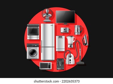 Vector illustration of circle shape with realistic silver color different appliance on red and black background. 3d style shine home appliance collection design for web, site, banner, print, poster