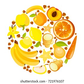 Vector illustration of circle shape of yellow and red fruits and vegetables. Healthy nutrition organic concept flat style.