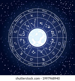 Ilustración vectorial de un círculo de signos zodiacos con iconos, nombres, constelaciones y luna llena sobre fondo cielo estrellado azul oscuro. Símbolos del horóscopo para el calendario lunar o predicciones astrológicas