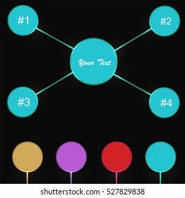 Vector illustration. Circles are connected to the circuit on a black background. Different colors and any number.