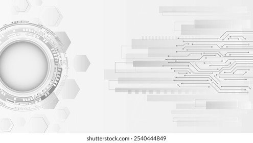 Vector illustration of circles and lines with shadows. Abstract futuristic communication. Hi-tech grey background with various technology elements. 