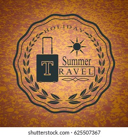 Vector illustration of a circle-shaped symbol with suitcase and summer travel holidays words. 