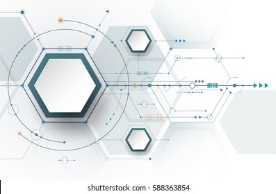 Vector illustration circuit board and 3d paper hexagons background. Hi-tech digital technology and engineering, digital telecom technology concept. Vector abstract futuristic on white gray background