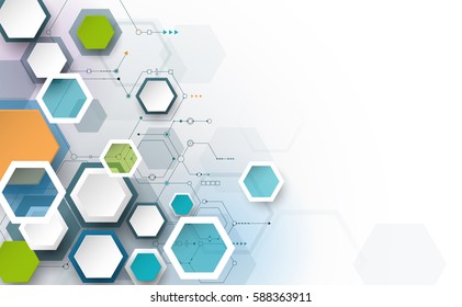 Vector illustration circuit board and 3d paper hexagons background. Hi-tech digital technology and engineering concept. Vector abstract futuristic on white gray color background