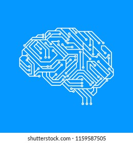 Vector illustration of circuit board (artificial intelligence) in brain shape isolated on blue background