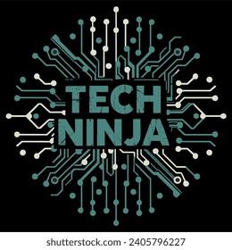 Vector illustration with circuit board background saying "Tech Ninja" in futuristic digital style. Suitable for t-shirts. hats, mugs and more