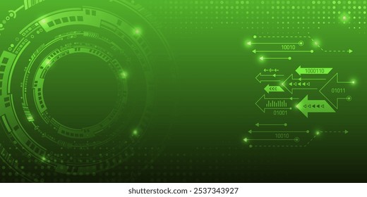 Ilustração vetorial da placa de circuito e dos círculos. Comunicação futurista abstrata. Fundo verde de alta tecnologia com vários elementos tecnológicos. 