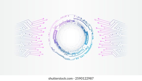 Vector illustration of circuit board and circles. Abstract futuristic communication. Hi-tech grey background with various technology elements. 