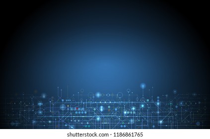 Vector illustration circuit board and hexagons background. Hi-tech digital technology and engineering, digital telecom technology concept. Vector abstract futuristic on dark blue color background