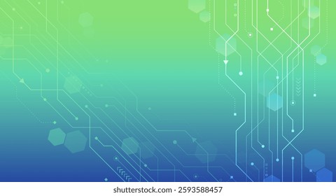 Vector illustration of circuit board and hexagons. Abstract futuristic communication. Hi-tech blue background with various technology elements.