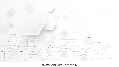 Vector illustration circuit board and hexagons background. Hi-tech digital technology and engineering, digital telecom technology concept. Vector abstract futuristic on white gray color background