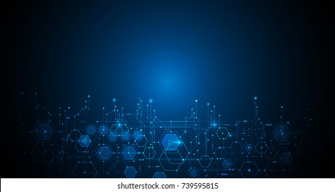 Vector Illustration Circuit Board And Hexagons Background. Hi-tech Digital Technology And Engineering, Digital Telecom Technology Concept. Vector Abstract Futuristic On Dark Blue Color Background