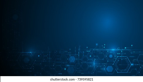 Vector illustration circuit board and hexagons background. Hi-tech digital technology and engineering, digital telecom technology concept. Vector abstract futuristic on dark blue color background