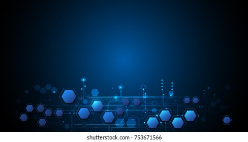 Vector illustration circuit board and hexagons background. Hi-tech digital technology and engineering, digital telecom technology concept. Vector abstract futuristic on dark blue color background