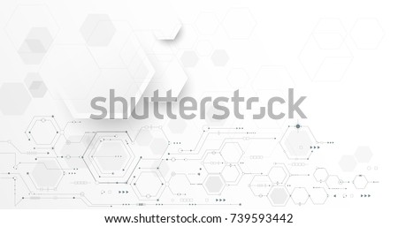 Vector illustration circuit board and hexagons background. Hi-tech digital technology and engineering, digital telecom technology concept. Vector abstract futuristic on white gray color background