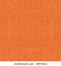 Vector illustration of circuit board pattern includes lines and arrows on the orange background
