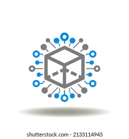 Vector illustration of circuit lines with 3d cube. Icon of BIM. Symbol of Building Information Modeling.