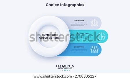 Vector illustration with circular 3d element with three horizontal text blocks on side. Modern business infographic template with steps for presentation slide background.