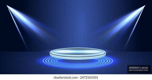 vector illustration of a circular abstract digital technology user interface with a futuristic HUD. It features a scene with a futuristic podium shrouded in fog. This empty futuristic pedestal is perf