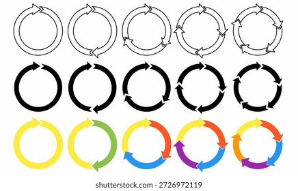 Ilustración vectorial circular arrows.circling conjunto de iconos de flecha con bucles de rotación, y símbolos de dirección continua en estilos delgados, contornos, sólidos y coloridos para infografía, trabajo en equipo, negocios