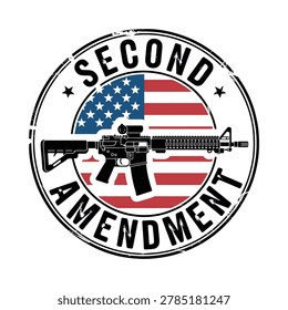 Vector illustration of a circular badge featuring a rifle, American flag, and the text 'Second Amendment' on a white background.