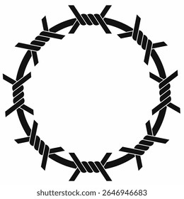Ilustração vetorial de um quadro circular de arame farpado em silhueta preta. Simbólico de restrição, perigo, proteção ou força. Ideal para arte de tatuagem, texto, sinais de aviso, design elements.copy space. 