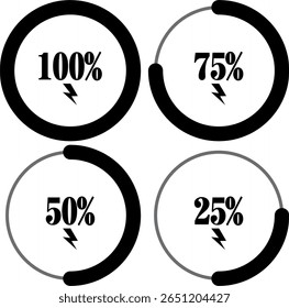 Vector illustration of circular battery level indicators showing different energy percentages: 25%, 50%, 75%, and 100%. Modern flat design with lightning bolt symbols. Perfect for UI design, mobile ap